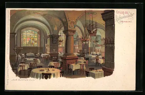 Künstler-AK Hamburg, Blick in den Gastraum des Rathsweinkeller