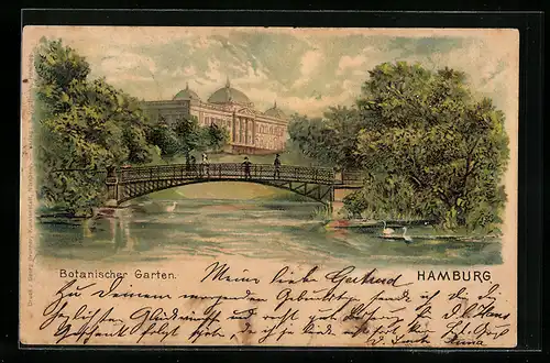 Lithographie Hamburg-St.Pauli, Brücke im Botanischen Garten