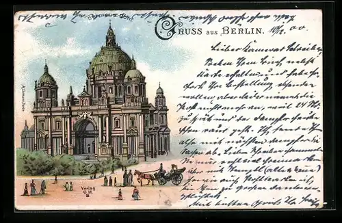 Lithographie Berlin, Pferdekutsche vor dem neuen Dom