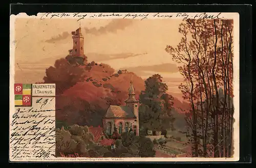 Lithographie Falkenstein i. Taunus, Ortsansicht mit Blick auf eine Burg