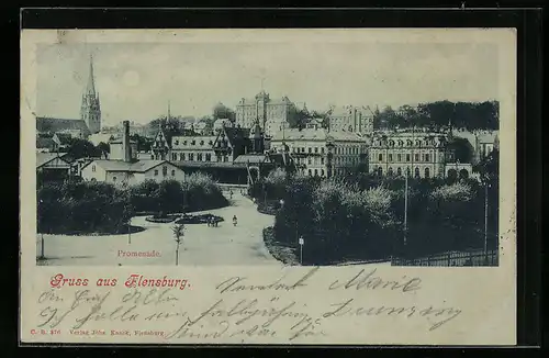 Mondschein-AK Flensburg, Promenade mit Umgebung