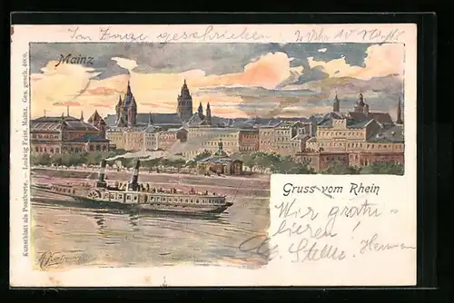 Lithographie Mainz, Blick über den Rhein auf den Dom in der Stadt