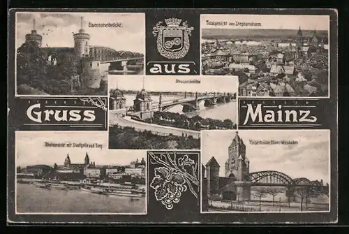 AK Mainz, Totalansicht mit Stephansturm, an der Eisenbahnbrücke, Stadthalle und Dom