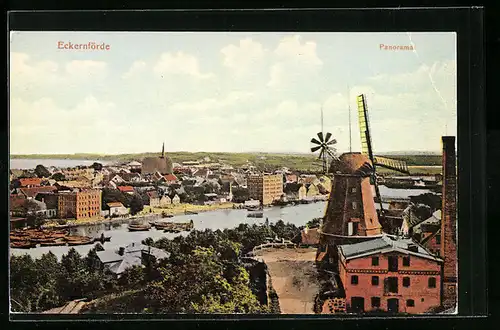 AK Eckernförde, Panorama der Stadt mit Windmühle