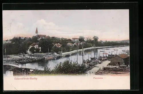 AK Eckernförde-Borby, Panorama mit Schiffen im Hafen zur Kirche hin