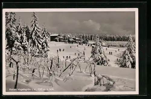 AK Vogelsgrün i. V., Blick auf den eingeschneiten Ort, Wintersportler