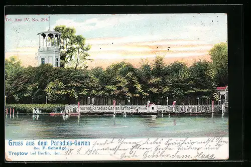 AK Berlin-Treptow, Restaurant Paradies-Garten mit Booten