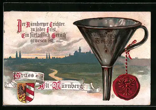 Lithographie Nürnberg, Panorama der Stadt, Nürnberger Trichter mit Siegel, Wappen