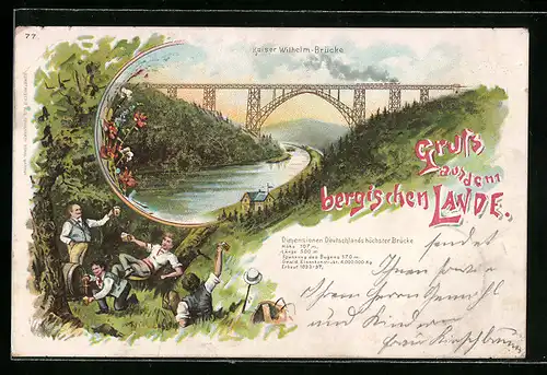 Lithographie Müngsten, Kaiser Wilhelm Brücke, höchste Brücke Deutschlands