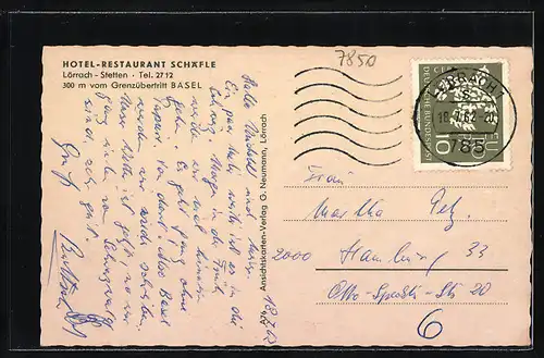 AK Lörrach-Stetten, Hotel-Restaurant Schäfle mit Innenansichten