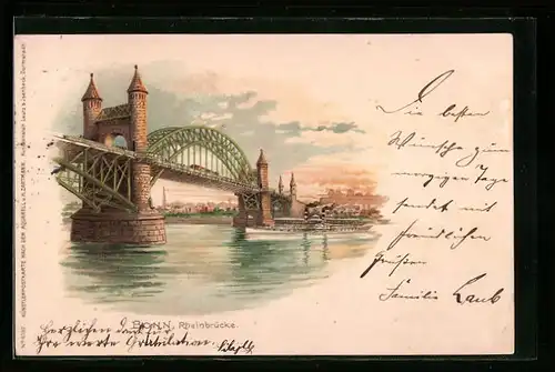 Lithographie Bonn, Rheinbrücke bei Dämmerung