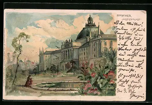 Lithographie München, Justizpalast mit Parkanlage