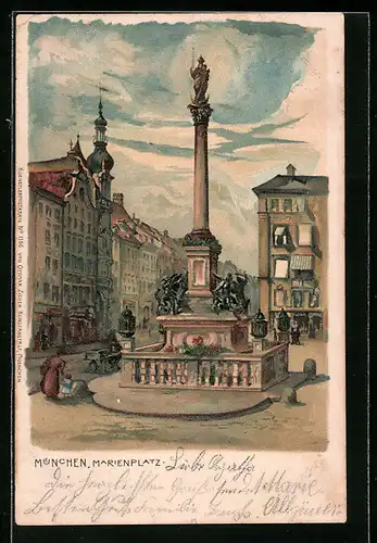 Lithographie München, Marienplatz mit Mariensäule