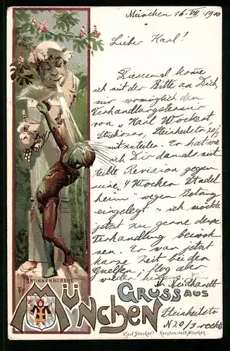 Lithographie München, Brunnenbuberl, Wappen mit Münchner Kindl