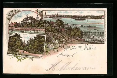 Lithographie Kiel, Schloss und Schlossgarten, Totalansicht vom Elbufer aus