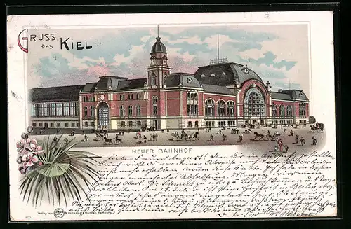 Lithographie Kiel, Neuer Bahnhof mit belebter Strasse