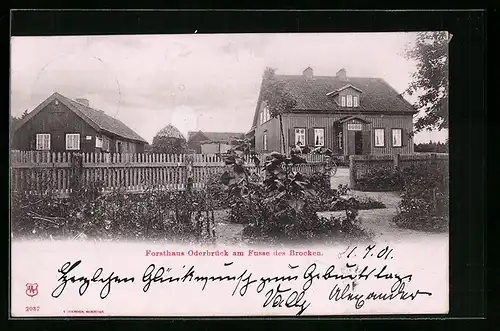 Lithographie Oderbrück, Forsthaus Oderbrück mit Garten