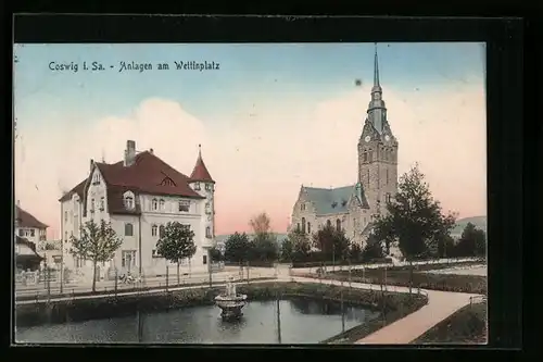 AK Coswig /Sa., Anlagen am Wettinplatz mit Kirche