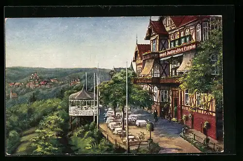 AK Eisenach, Hotel Pension Junker Jörg auf dem Hainstein, mit Terrasse und Ortsblick