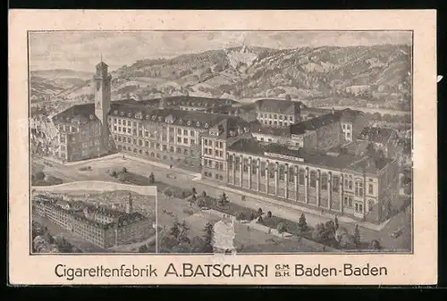 AK Baden-Baden, Cigarettenfabrik A. Batschari aus der Vogelschau