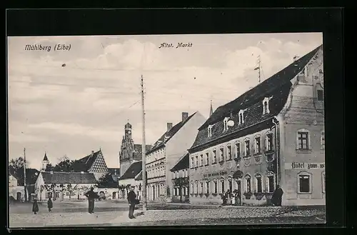 AK Mühlberg /Elbe, Altst. Markt mit Hotel zum weissen Schwan