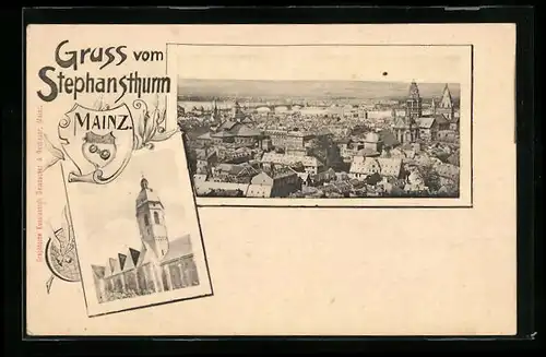 AK Mainz, Stephansthurm, Gesamtansicht, Stadtwappen