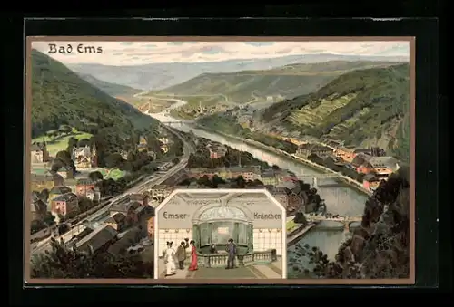 Lithographie Bad Ems, Totalansicht, Emser-Kränchen