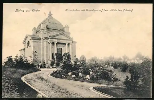 AK Mainz a. Rhein, Krematorium mit Urnenhain auf dem städtischen Friedhof