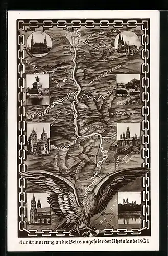AK Aachen, Landkarte zur Erinnerung an die Befreiungsfeier der Rheinlande 1930