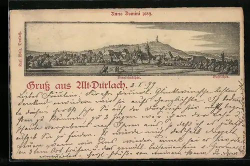 Künstler-AK Karlsruhe-Durlach, Ortsansicht mit Bienleinsthor im Jahr 1689, Alt-Durlach