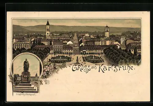 Lithographie Karlsruhe, Teilansicht mit Schloss, Friedrichsdenkmal