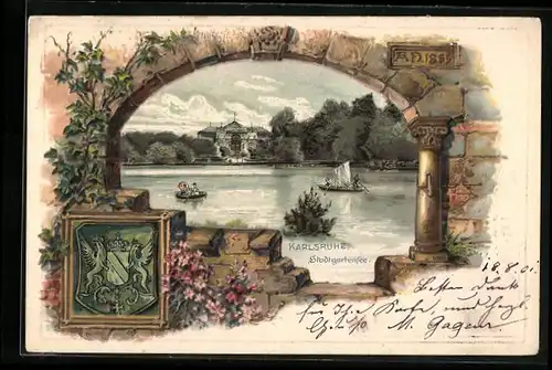 Künstler-Passepartout-Lithographie Karlsruhe, STadtgartensee mit Schloss, Wappen