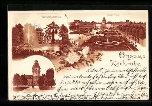 Lithographie Karlsruhe, Schloss, Schlossturm, Schlossgartensee