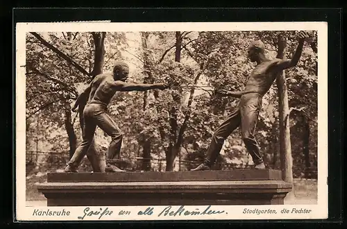 AK Karlsruhe, Stadtgarten, Statue Die Fechter