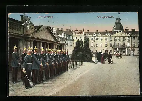 AK Karlsruhe, Schlosswache mit Soldaten-Aufstellung