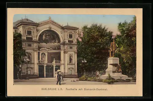 AK Karlsruhe i. B., Festhalle mit Bismarck-Denkmal