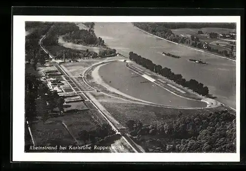 AK Karlsruhe Rappenwörth, Blick auf den Rheinstrand, Fliegeraufnahme