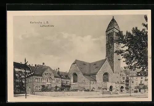 AK Karlsruhe i. B., Lutherkirche mit Umgebung