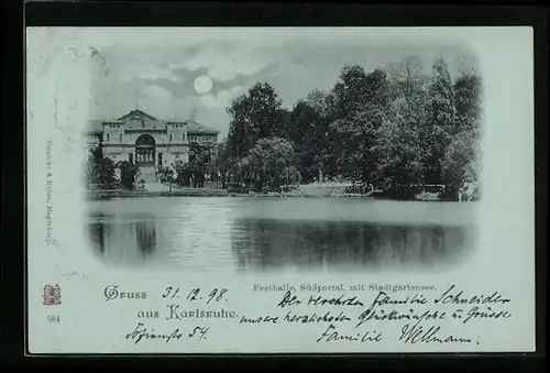 Mondschein-AK Karlsruhe, Festhalle, Südportal, mit Stadtgartensee