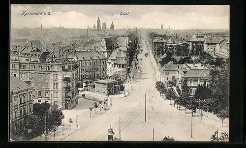 Passepartout-AK Karlsruhe i. B., Totalansicht mit Strasse aus der Vogelschau