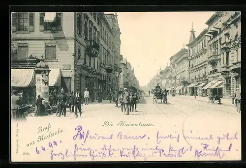 AK Karlsruhe, Kaiserstrasse mit Geschäften, Pferdekutsche