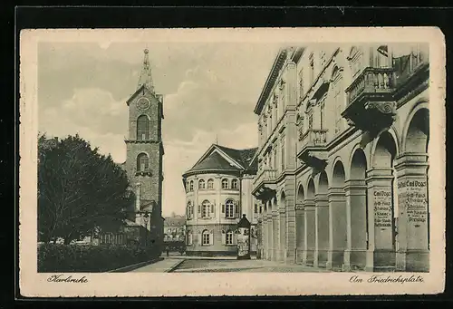 AK Karlsruhe, Am Friedrichsplatz, mit Kirche