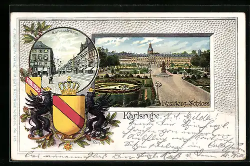 Lithographie Karlsruhe, Residenz Schloss, Kaiserstrasse