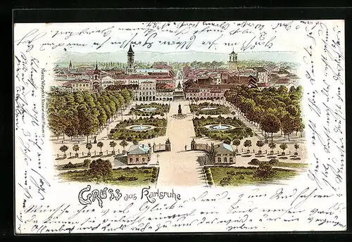 Lithographie Karlsruhe, Totalansicht vom Schlosspark