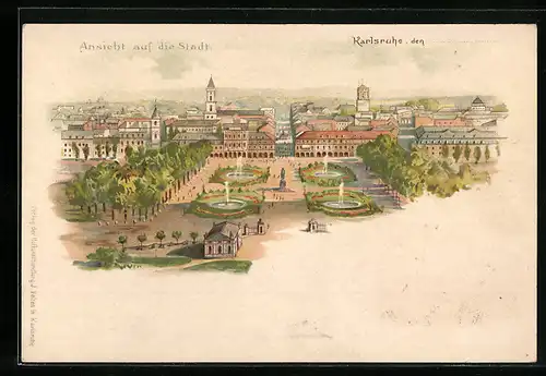 Lithographie Karlsruhe, Blick auf den Ort