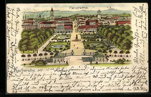 Lithographie Karlsruhe, Ortsansicht aus der Vogelschau