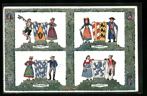 Künstler-AK sign. H. Blecken: Volkstrachten m. Wappen: Oberbayern, Schwaben, Niederbayern & Oberpfalz