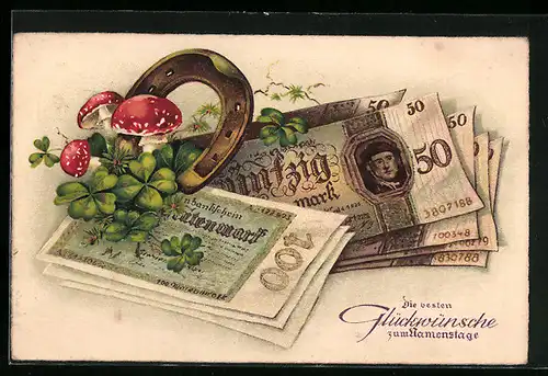 Künstler-AK Geldscheine und Hufeisen, Fliegenpilze