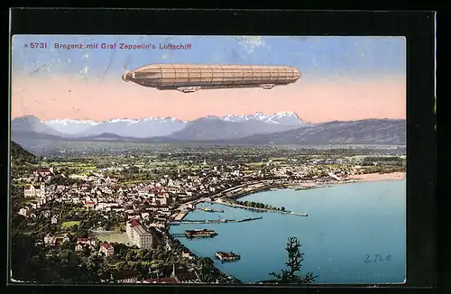 AK Bregenz, Totale mit Graf Zeppelin's Luftschiff