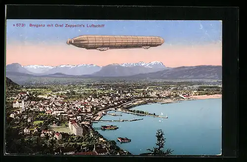 AK Bregenz, Teilansicht mit Graf Zeppelin`s Luftsschiff